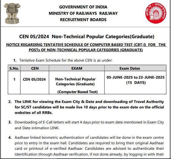 RRB NTPC Graduate Level Exam Important Dates